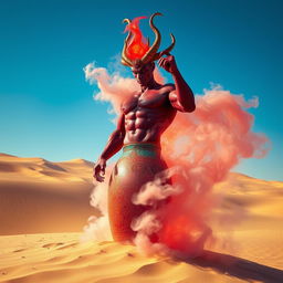 A powerful dark-red djinn with a muscular physique dramatically rises from a vividly colored, ornate bottle, transforming into a swirling fog in the heart of a vast desert