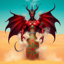 A powerful dark-red djinn with a muscular physique dramatically rises from a vividly colored, ornate bottle, transforming into a swirling fog in the heart of a vast desert