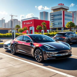 The groundbreaking impact of Tesla on the automotive industry, showcasing electric vehicles in a vibrant urban setting