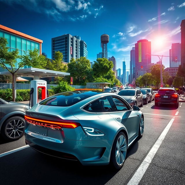 The groundbreaking impact of Tesla on the automotive industry, showcasing electric vehicles in a vibrant urban setting