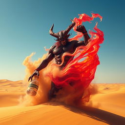 A formidable dark-red djinn with a muscular physique is emerging powerfully from an intricately designed, colorful bottle, transforming into a flowing fog in the vastness of a sunlit desert