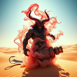 A formidable dark-red djinn with a muscular physique is emerging powerfully from an intricately designed, colorful bottle, transforming into a flowing fog in the vastness of a sunlit desert