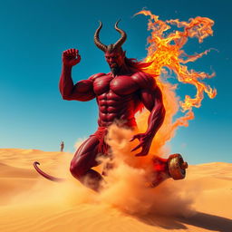 A formidable dark-red djinn with a muscular physique is emerging powerfully from an intricately designed, colorful bottle, transforming into a flowing fog in the vastness of a sunlit desert