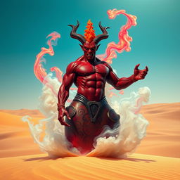 A formidable dark-red djinn with a muscular physique is emerging powerfully from an intricately designed, colorful bottle, transforming into a flowing fog in the vastness of a sunlit desert