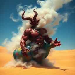 A striking dark-red djinn with a powerful, muscular build is emerging from an elaborately designed, colorful bottle, transforming into a captivating fog in the middle of a vast desert