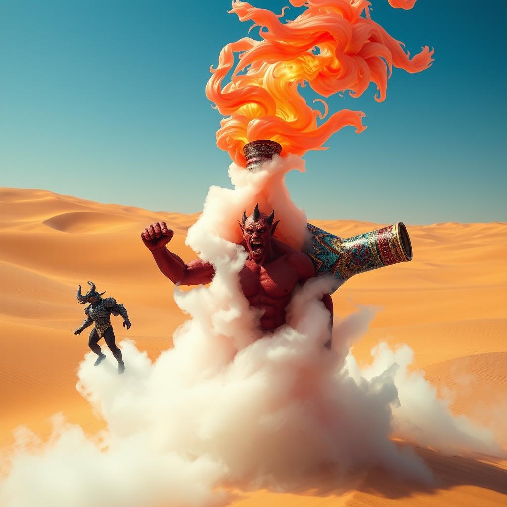 A striking dark-red djinn with a powerful, muscular build is emerging from an elaborately designed, colorful bottle, transforming into a captivating fog in the middle of a vast desert