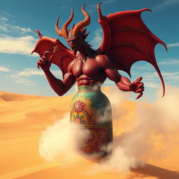 A striking dark-red djinn with a powerful, muscular build is emerging from an elaborately designed, colorful bottle, transforming into a captivating fog in the middle of a vast desert