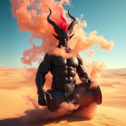 A striking dark-red djinn with a powerful, muscular build is emerging from an elaborately designed, colorful bottle, transforming into a captivating fog in the middle of a vast desert