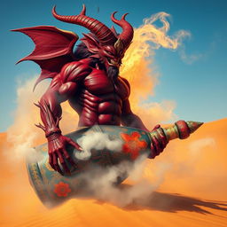 A striking dark-red djinn with a muscular build is emerging from a beautifully ornate and colorful bottle, transforming into an enchanting fog in the middle of a vast desert