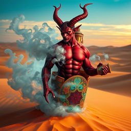 A striking dark-red djinn with a muscular build is emerging from a beautifully ornate and colorful bottle, transforming into an enchanting fog in the middle of a vast desert