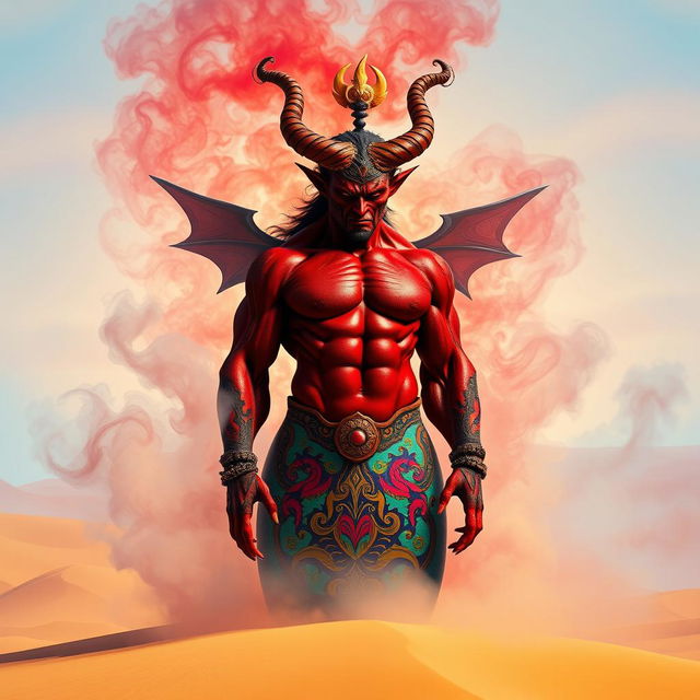 A striking dark-red djinn with a muscular build is emerging from a beautifully ornate and colorful bottle, transforming into an enchanting fog in the middle of a vast desert