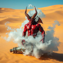 A striking dark-red djinn with a muscular build is emerging from a beautifully ornate and colorful bottle, transforming into an enchanting fog in the middle of a vast desert