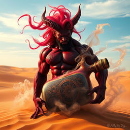 A powerful dark-red djinn with a muscular build emerges dramatically from a beautifully ornate, colorful bottle, dispersing as swirling fog in the expansive desert