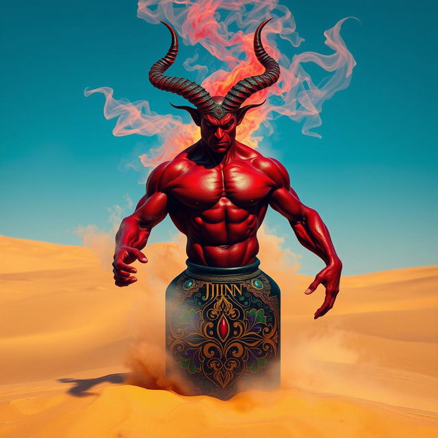 A powerful dark-red djinn with a muscular build emerges dramatically from a beautifully ornate, colorful bottle, dispersing as swirling fog in the expansive desert