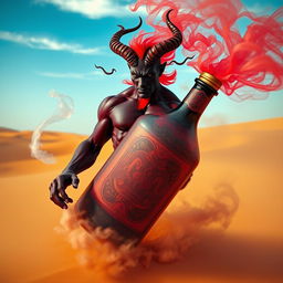 A powerful dark-red djinn with a muscular build emerges dramatically from a beautifully ornate, colorful bottle, dispersing as swirling fog in the expansive desert