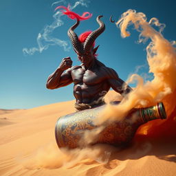 A powerful dark-red djinn with a muscular build emerges dramatically from a beautifully ornate, colorful bottle, dispersing as swirling fog in the expansive desert