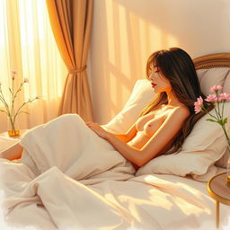 An intimate watercolor sketch of a stunning Korean supermodel lounging gracefully in a softly lit bedroom during golden hour
