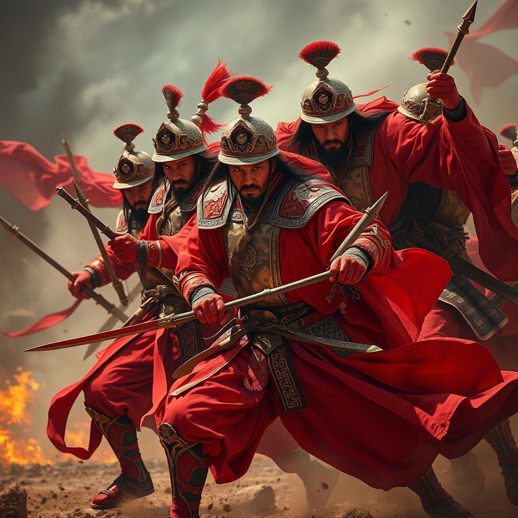 A dynamic scene depicting fierce warriors dressed in vibrant red outfits, showcasing intricate armor and elaborate detailing