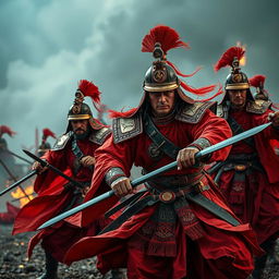 A dynamic scene depicting fierce warriors dressed in vibrant red outfits, showcasing intricate armor and elaborate detailing