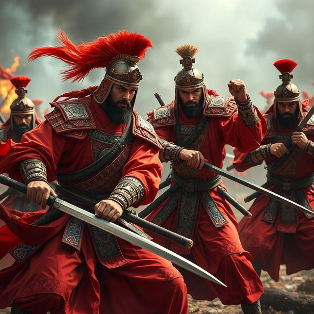 A dynamic scene depicting fierce warriors dressed in vibrant red outfits, showcasing intricate armor and elaborate detailing