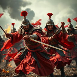 A dynamic scene depicting fierce warriors dressed in vibrant red outfits, showcasing intricate armor and elaborate detailing