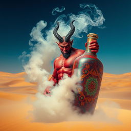 A captivating dark-red djinn with a formidable, muscular frame is emerging from a vividly ornate, colorful bottle, dissipating into a mystical fog in the center of an expansive desert