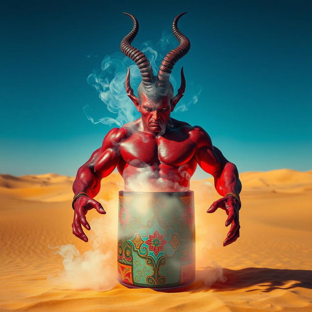 A captivating dark-red djinn with a formidable, muscular frame is emerging from a vividly ornate, colorful bottle, dissipating into a mystical fog in the center of an expansive desert