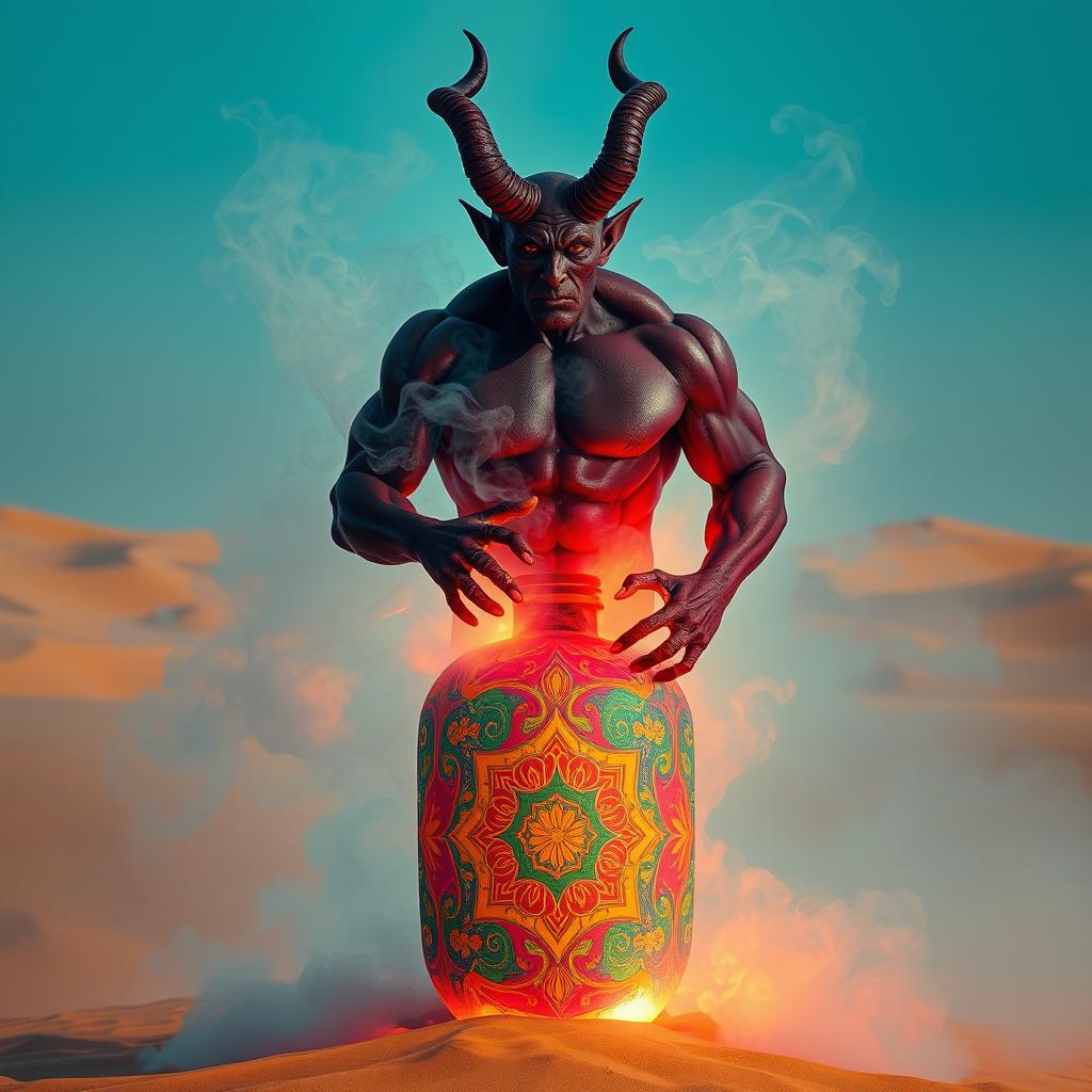 A captivating dark-red djinn with a formidable, muscular frame is emerging from a vividly ornate, colorful bottle, dissipating into a mystical fog in the center of an expansive desert