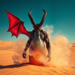 A captivating dark-red djinn with a formidable, muscular frame is emerging from a vividly ornate, colorful bottle, dissipating into a mystical fog in the center of an expansive desert