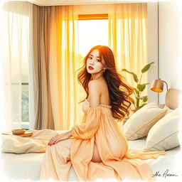 An intimate watercolor sketch depicting a stunning Korean supermodel in a beautifully designed bedroom during the golden hour