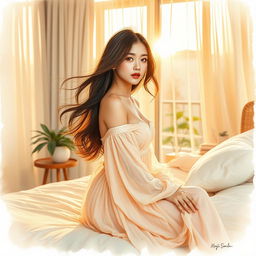 An intimate watercolor sketch depicting a stunning Korean supermodel in a beautifully designed bedroom during the golden hour