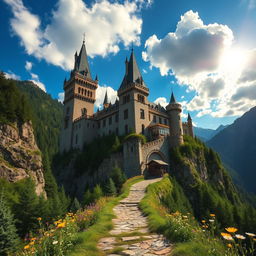 A majestic castle perched high in the mountains, featuring tall spires and intricate stonework, surrounded by lush green forests and rocky cliffs