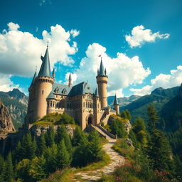 A majestic castle perched high in the mountains, featuring tall spires and intricate stonework, surrounded by lush green forests and rocky cliffs