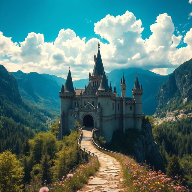 A majestic castle perched high in the mountains, featuring tall spires and intricate stonework, surrounded by lush green forests and rocky cliffs