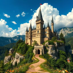 A majestic castle perched high in the mountains, featuring tall spires and intricate stonework, surrounded by lush green forests and rocky cliffs