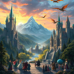 A breathtaking fantasy kingdom, with towering castles made of shimmering crystal, surrounded by lush green forests and sparkling rivers