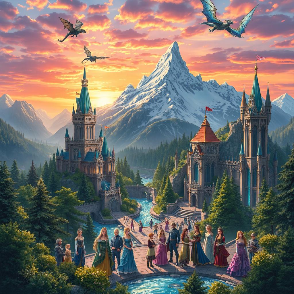 A breathtaking fantasy kingdom, with towering castles made of shimmering crystal, surrounded by lush green forests and sparkling rivers