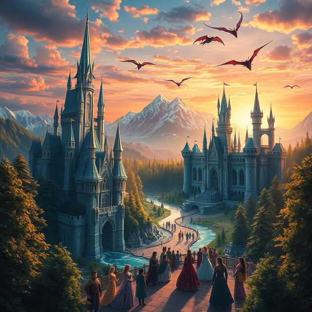 A breathtaking fantasy kingdom, with towering castles made of shimmering crystal, surrounded by lush green forests and sparkling rivers