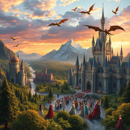 A breathtaking fantasy kingdom, with towering castles made of shimmering crystal, surrounded by lush green forests and sparkling rivers