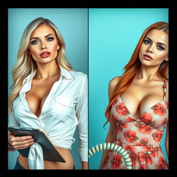 A split screen image featuring two gorgeous females in close-up torso shots
