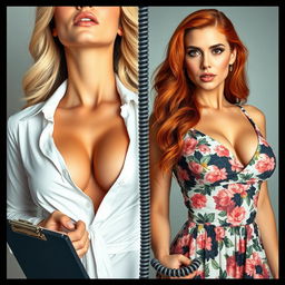 A split screen image featuring two gorgeous females in close-up torso shots