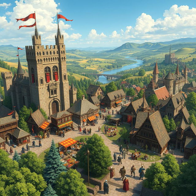 A sprawling medieval kingdom, bustling with life