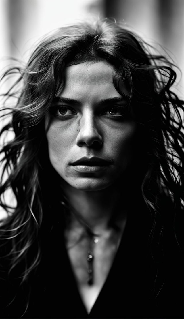 A Yousuf Karsh style black and white photograph of a beautiful individual with expressive eyes revealing their struggle with depression. Their hair and attire are simple yet elegant, with dramatic lighting emphasizing their features.