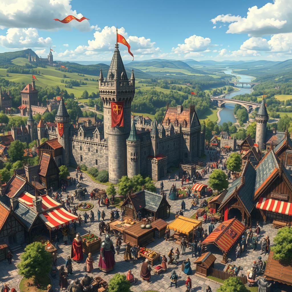 A sprawling medieval kingdom, bustling with life