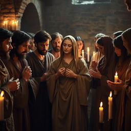 A serene scene depicting early Christians united in prayer, gathering in a warm, candlelit room