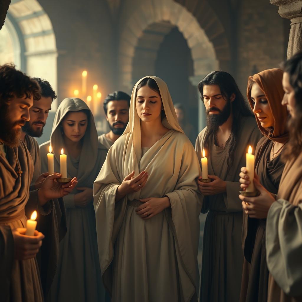 A serene scene depicting early Christians united in prayer, gathering in a warm, candlelit room