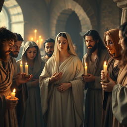 A serene scene depicting early Christians united in prayer, gathering in a warm, candlelit room