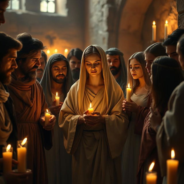 A serene scene depicting early Christians united in prayer, gathering in a warm, candlelit room