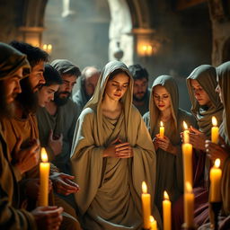 A serene scene depicting early Christians united in prayer, gathering in a warm, candlelit room