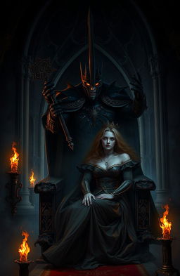A dark and ominous scene depicting a Dark King clad in black armor, with a brooding expression, as he tortures a captured Queen who is trapped in an elaborate, shadowy throne room